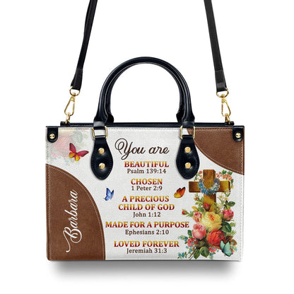 Personalized Christian Leather Bag, A Precious Child Of God Unique Personalized Leather Handbag For Women Roses And Cross, Faith Handbag