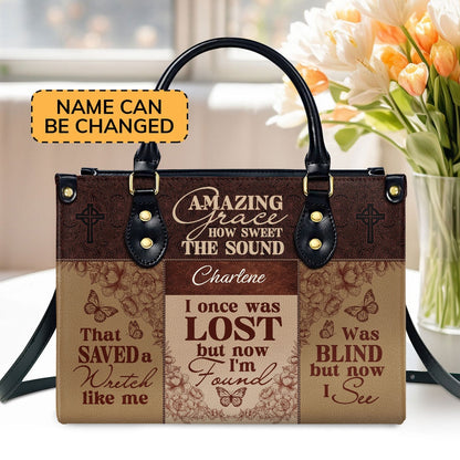 Personalized Christian Leather Bag, Amazing Grace How Sweet The Sound Leather Handbag, Faith Handbag
