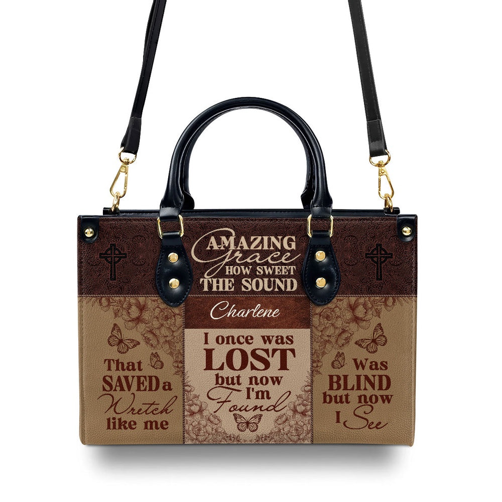 Personalized Christian Leather Bag, Amazing Grace How Sweet The Sound Leather Handbag, Faith Handbag