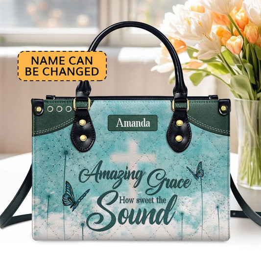 Personalized Christian Leather Bag, Amazing Grace Leather Handbag, Faith Handbag