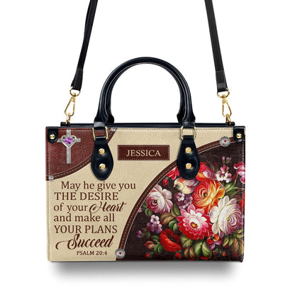 Personalized Christian Leather Bag, Awesome Personalized Flower Leather Handbag - May He Make All Your Plans Succeed, Faith Handbag