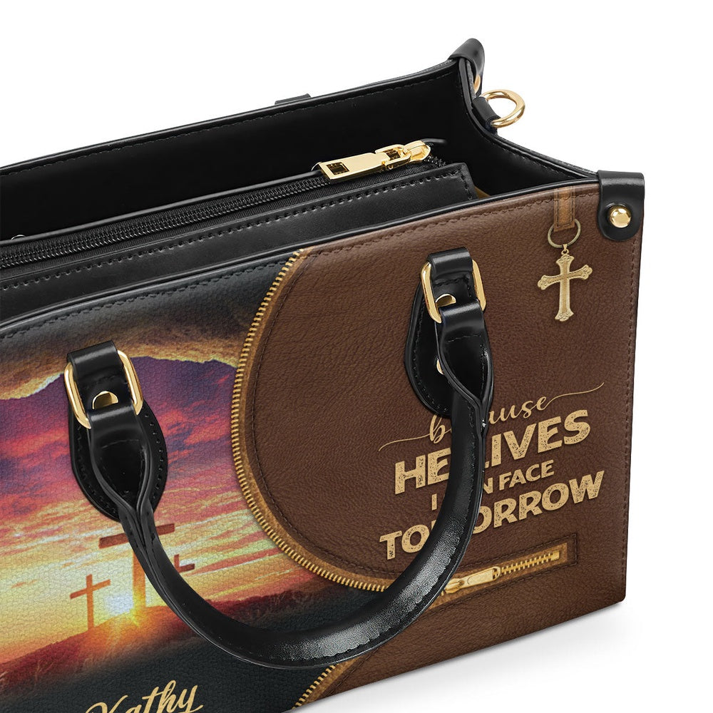Personalized Christian Leather Bag, Beautiful Christian Leather Handbag - Because He Lives, I Can Face Tomorrow, Faith Handbag