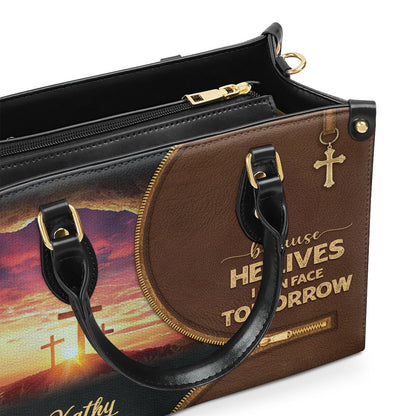 Personalized Christian Leather Bag, Beautiful Christian Leather Handbag - Because He Lives, I Can Face Tomorrow, Faith Handbag