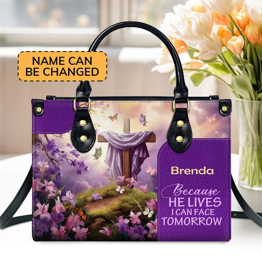 Personalized Christian Leather Bag, Because He Lives Leather Handbag, Faith Handbag