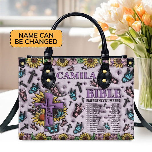 Personalized Christian Leather Bag, Bible Emergency Numbers Personalized Leather Handbag, Faith Handbag