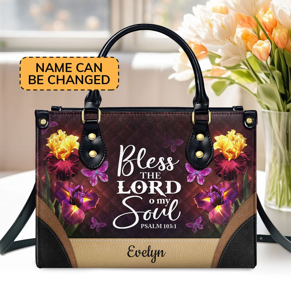 Personalized Christian Leather Bag, Bless The Lord O My Soul - Pretty Personalized Butterfly Leather Handbag, Faith Handbag