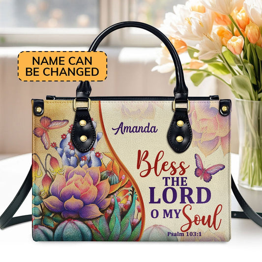 Personalized Christian Leather Bag, Bless The Lord O My Soul Psalm 1031 Flower And Butterfly Leather Handbag, Faith Handbag