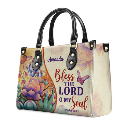 Personalized Christian Leather Bag, Bless The Lord O My Soul Psalm 1031 Flower And Butterfly Leather Handbag, Faith Handbag