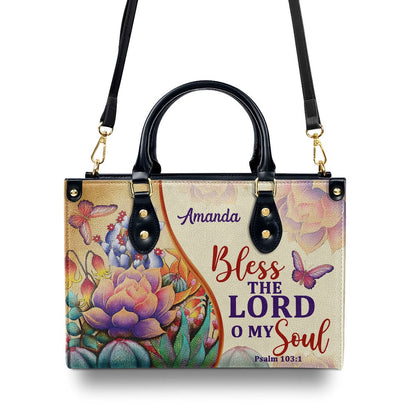 Personalized Christian Leather Bag, Bless The Lord O My Soul Psalm 1031 Flower And Butterfly Leather Handbag, Faith Handbag