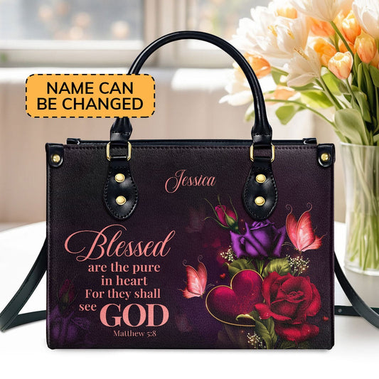 Personalized Christian Leather Bag, Blessed Are The Pure In Heart For They Shall See God, Faith Handbag