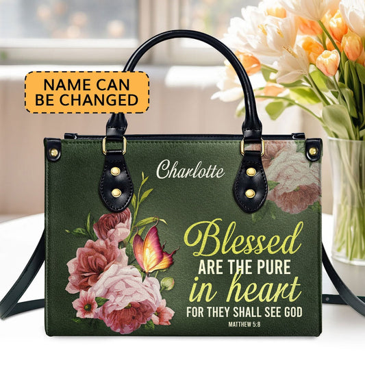 Personalized Christian Leather Bag, Blessed Are The Pure In Heart Matthew 58 Leather Handbag, Faith Handbag