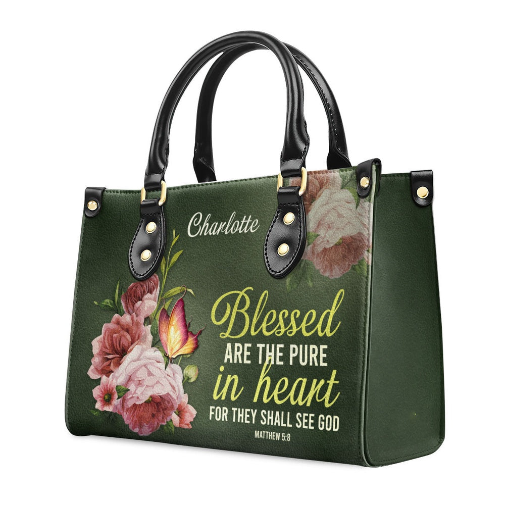 Personalized Christian Leather Bag, Blessed Are The Pure In Heart Matthew 58 Leather Handbag, Faith Handbag