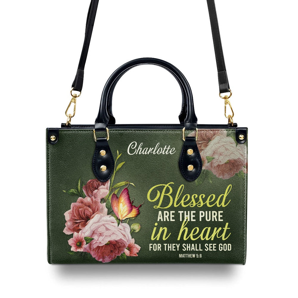 Personalized Christian Leather Bag, Blessed Are The Pure In Heart Matthew 58 Leather Handbag, Faith Handbag