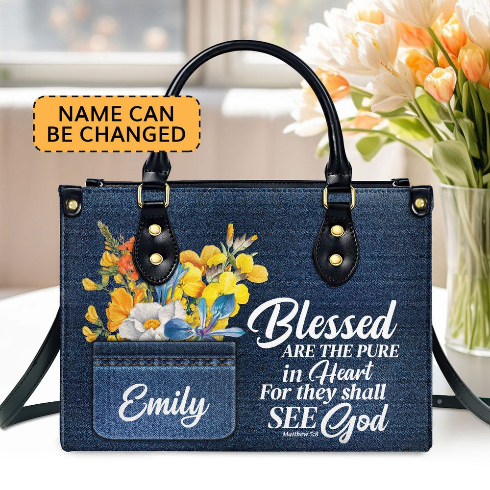 Personalized Christian Leather Bag, Blessed Are The Pure In Heart Matthew 58 Spiritual Leather Handbag, Gifts For Christian Women, Faith Handbag