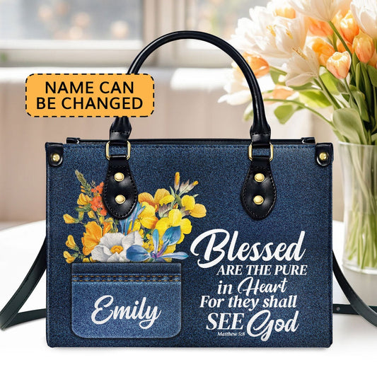 Personalized Christian Leather Bag, Blessed Are The Pure In Heart Matthew 58 Spiritual Leather Handbag, Gifts For Christian Women, Faith Handbag