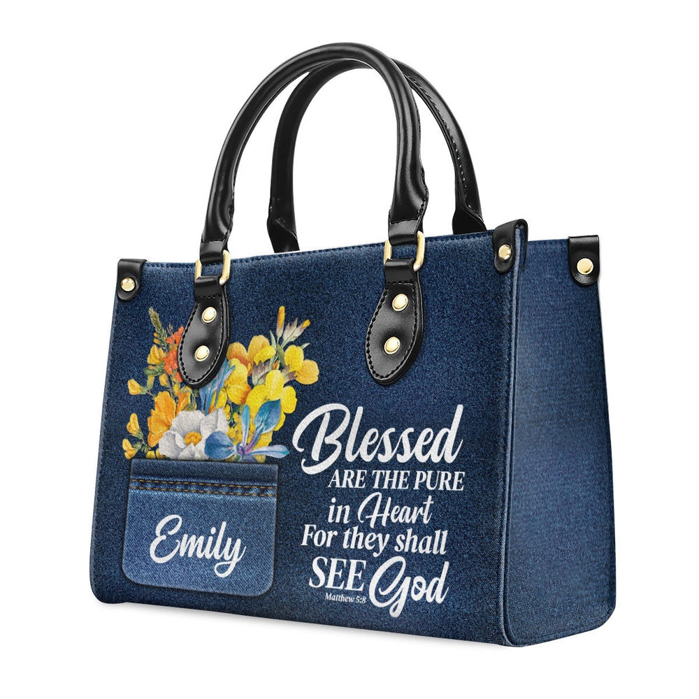 Personalized Christian Leather Bag, Blessed Are The Pure In Heart Matthew 58 Spiritual Leather Handbag, Gifts For Christian Women, Faith Handbag
