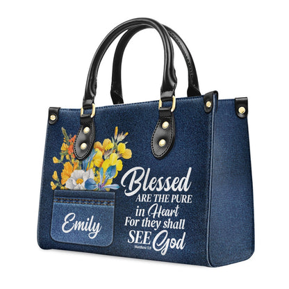 Personalized Christian Leather Bag, Blessed Are The Pure In Heart Matthew 58 Spiritual Leather Handbag, Gifts For Christian Women, Faith Handbag