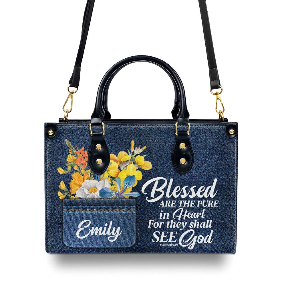 Personalized Christian Leather Bag, Blessed Are The Pure In Heart Matthew 58 Spiritual Leather Handbag, Gifts For Christian Women, Faith Handbag