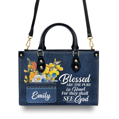 Personalized Christian Leather Bag, Blessed Are The Pure In Heart Matthew 58 Spiritual Leather Handbag, Gifts For Christian Women, Faith Handbag
