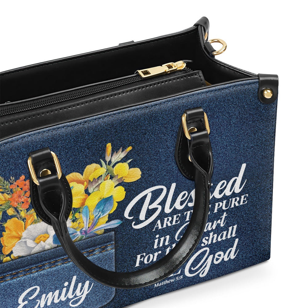 Personalized Christian Leather Bag, Blessed Are The Pure In Heart Matthew 58 Spiritual Leather Handbag, Gifts For Christian Women, Faith Handbag