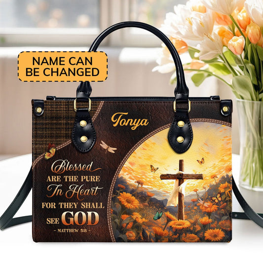 Personalized Christian Leather Bag, Blessed Are The Pure Leather Handbag, Faith Handbag