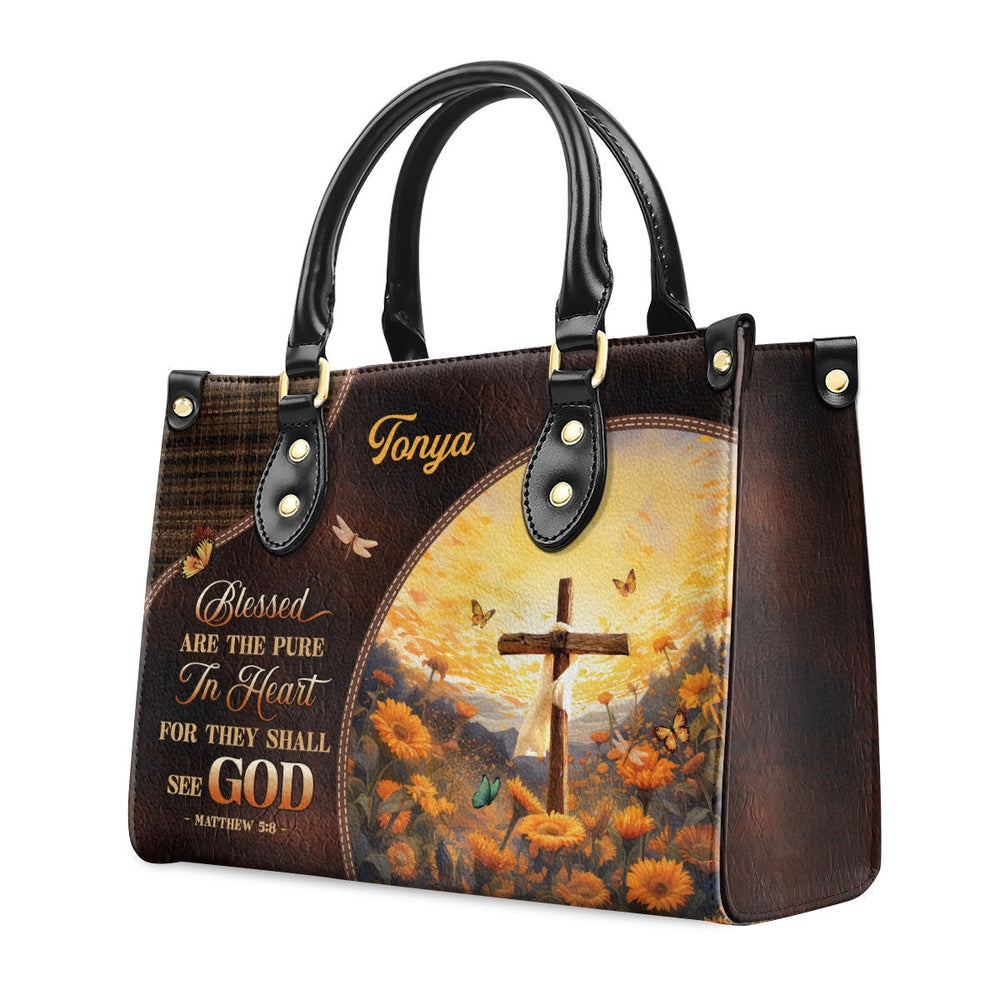 Personalized Christian Leather Bag, Blessed Are The Pure Leather Handbag, Faith Handbag