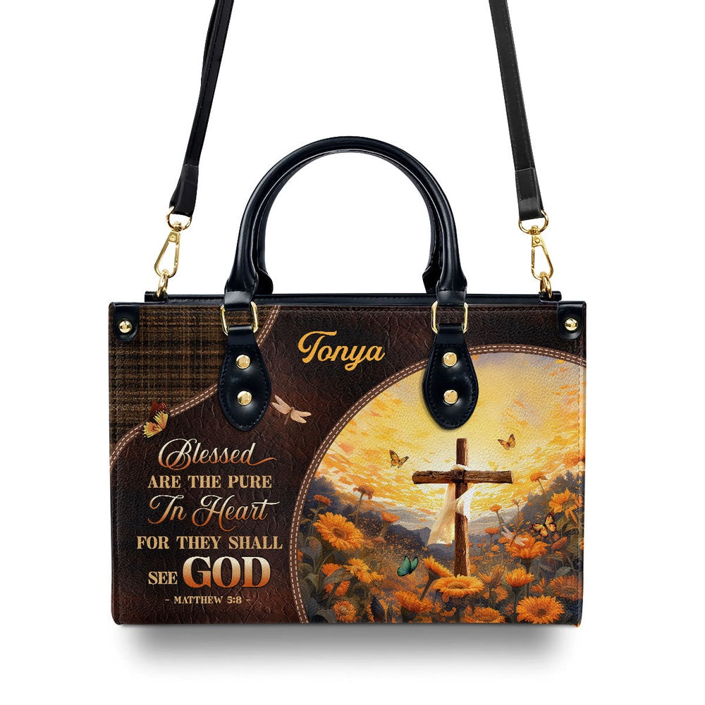 Personalized Christian Leather Bag, Blessed Are The Pure Leather Handbag, Faith Handbag