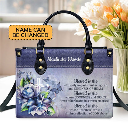 Personalized Christian Leather Bag, Blessed Is She Who Daily Imparts Nurturing Care Leather Handbag, Faith Handbag