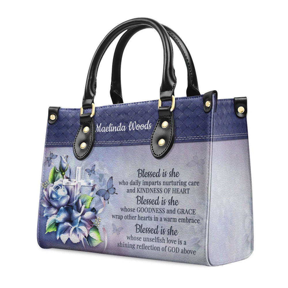 Personalized Christian Leather Bag, Blessed Is She Who Daily Imparts Nurturing Care Leather Handbag, Faith Handbag