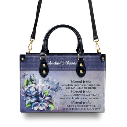 Personalized Christian Leather Bag, Blessed Is She Who Daily Imparts Nurturing Care Leather Handbag, Faith Handbag