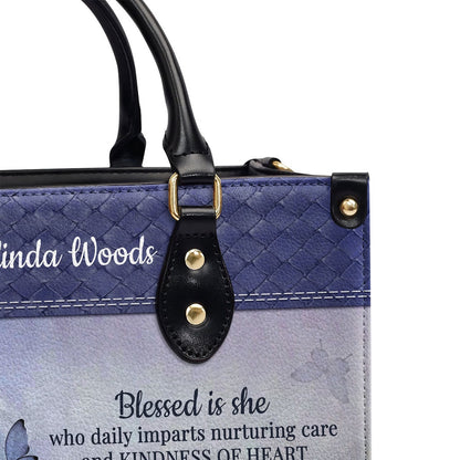 Personalized Christian Leather Bag, Blessed Is She Who Daily Imparts Nurturing Care Leather Handbag, Faith Handbag