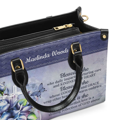 Personalized Christian Leather Bag, Blessed Is She Who Daily Imparts Nurturing Care Leather Handbag, Faith Handbag