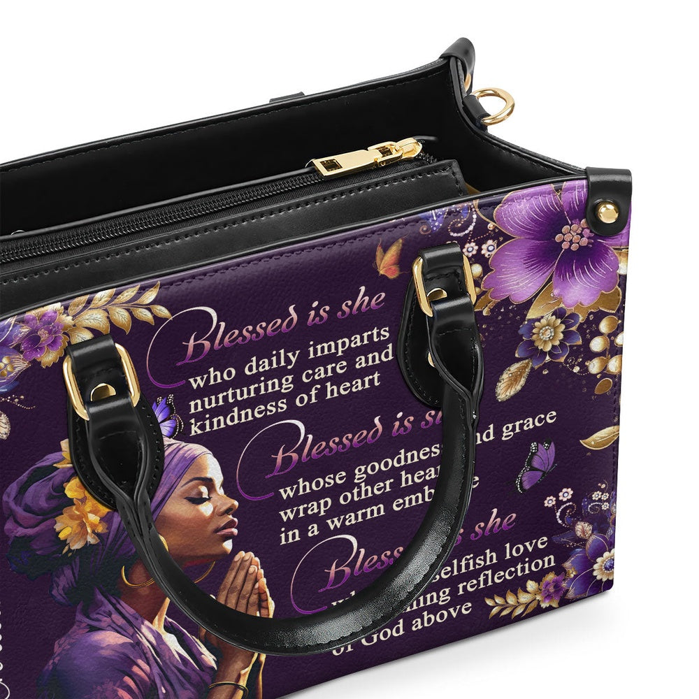 Personalized Christian Leather Bag, Blessed Is She Whose Goodness And Grace Wrap Other Heart In A Warm Embrace Leather Handbag, Faith Handbag