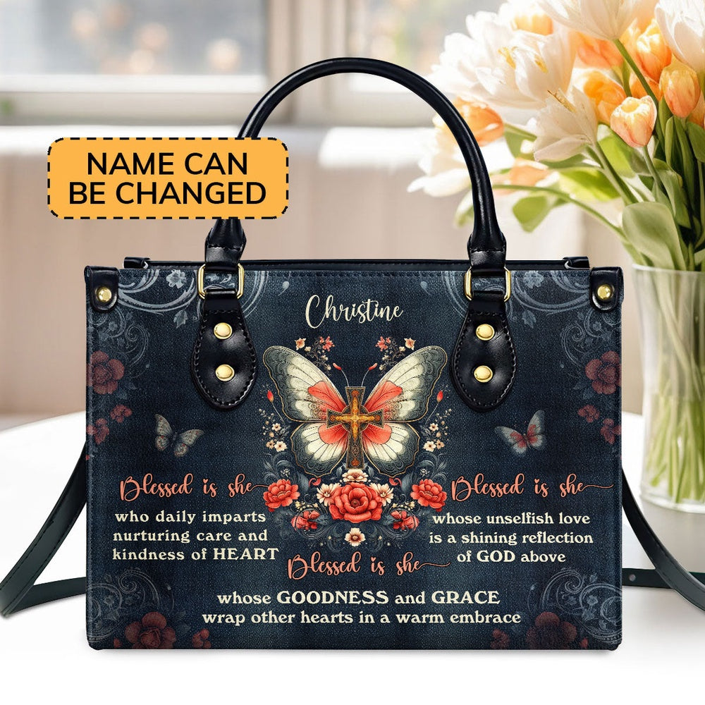 Personalized Christian Leather Bag, Blessed Is She Whose Unselfish Love Is A Shining Reflection Of God Above Leather Handbag, Faith Handbag