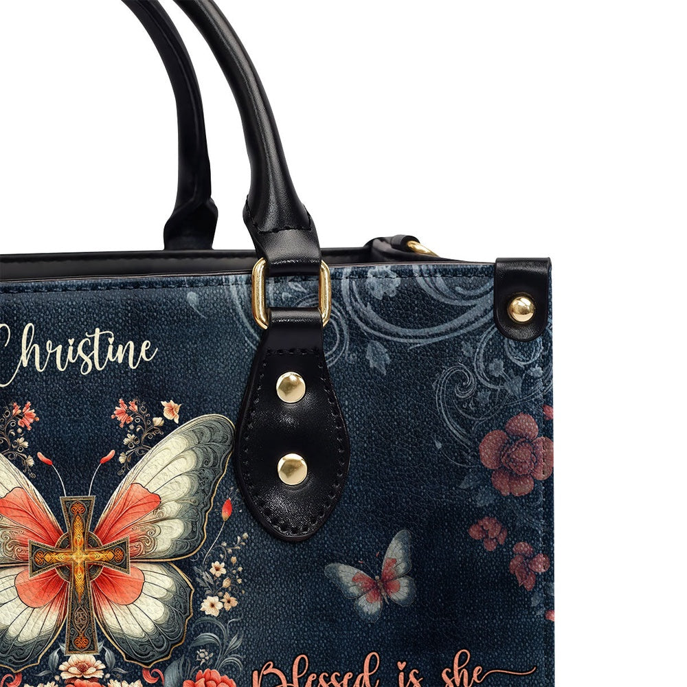 Personalized Christian Leather Bag, Blessed Is She Whose Unselfish Love Is A Shining Reflection Of God Above Leather Handbag, Faith Handbag