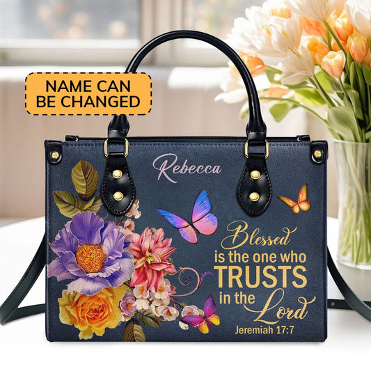 Personalized Christian Leather Bag, Blessed Is The Woman Who Trusts In The Lord Jeremiah 177 Leather Handbag, Faith Handbag
