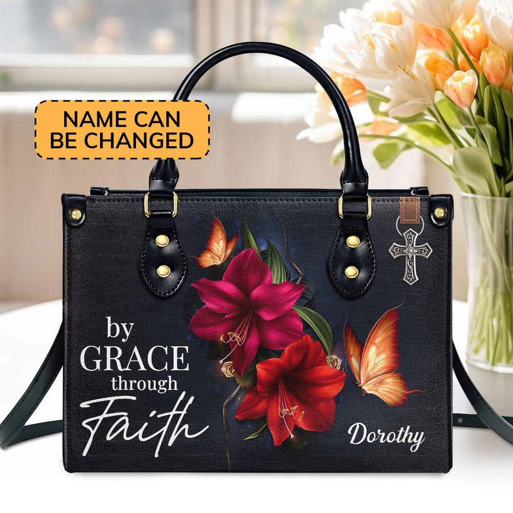 Personalized Christian Leather Bag, By Grace Through Faith - Beautiful Personalized Leather Handbag, Faith Handbag
