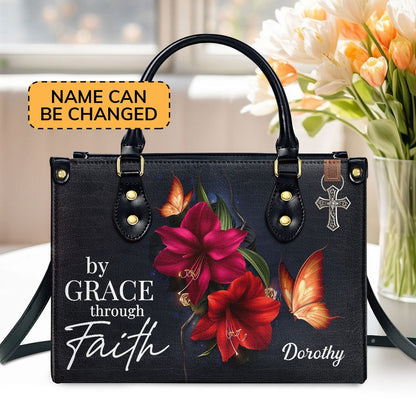 Personalized Christian Leather Bag, By Grace Through Faith - Beautiful Personalized Leather Handbag, Faith Handbag
