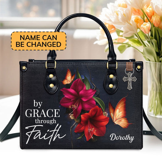 Personalized Christian Leather Bag, By Grace Through Faith - Beautiful Personalized Leather Handbag, Faith Handbag