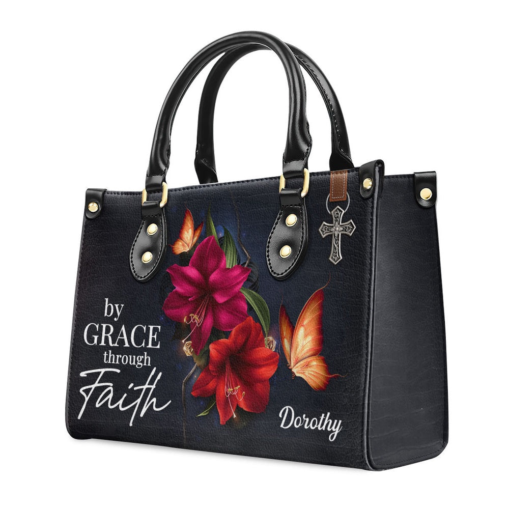 Personalized Christian Leather Bag, By Grace Through Faith - Beautiful Personalized Leather Handbag, Faith Handbag