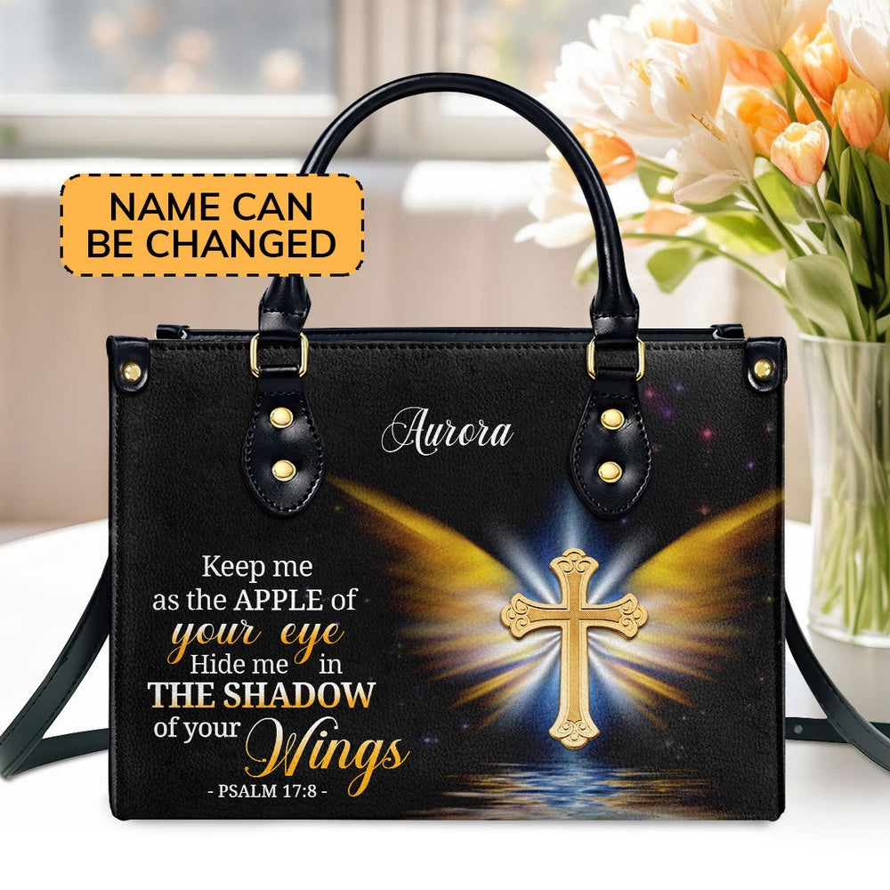 Personalized Christian Leather Bag, Christian Gifts For Women Of God Hide Me In The Shadow Of Your Wings Psalm 178 Leather Handbag, Faith Handbag