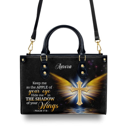 Personalized Christian Leather Bag, Christian Gifts For Women Of God Hide Me In The Shadow Of Your Wings Psalm 178 Leather Handbag, Faith Handbag