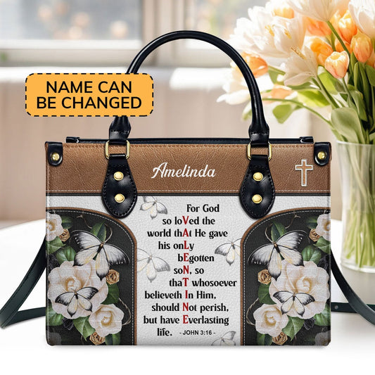 Personalized Christian Leather Bag, Christian Valentines Day Ideas John 316 For God So Loved The World Leather Handbag, Faith Handbag