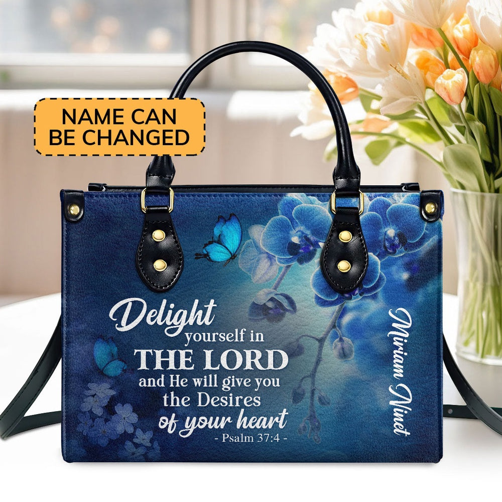 Personalized Christian Leather Bag, Delight Yourself In The Lord Psalm 374 Blue Orchids And Lilac Leather Handbag, Faith Handbag