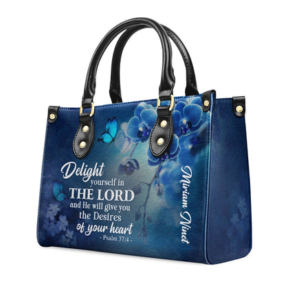 Personalized Christian Leather Bag, Delight Yourself In The Lord Psalm 374 Blue Orchids And Lilac Leather Handbag, Faith Handbag