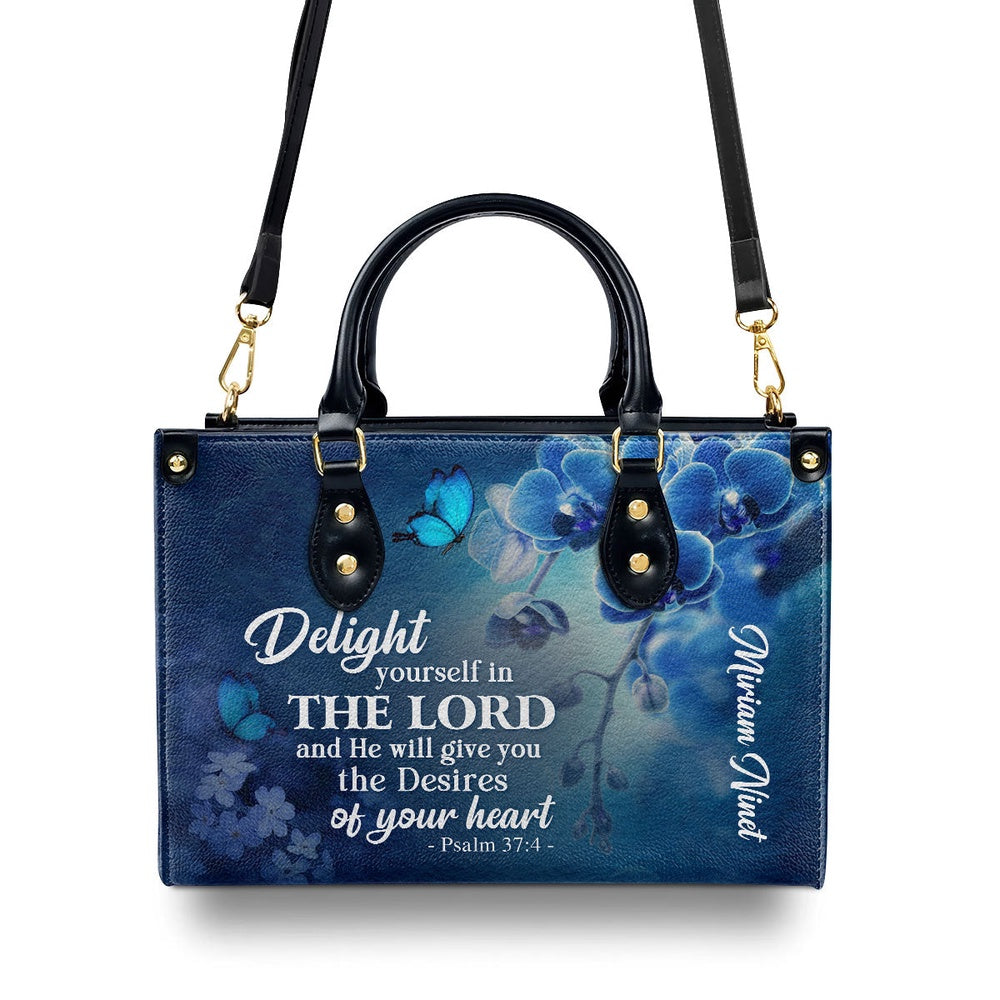Personalized Christian Leather Bag, Delight Yourself In The Lord Psalm 374 Blue Orchids And Lilac Leather Handbag, Faith Handbag