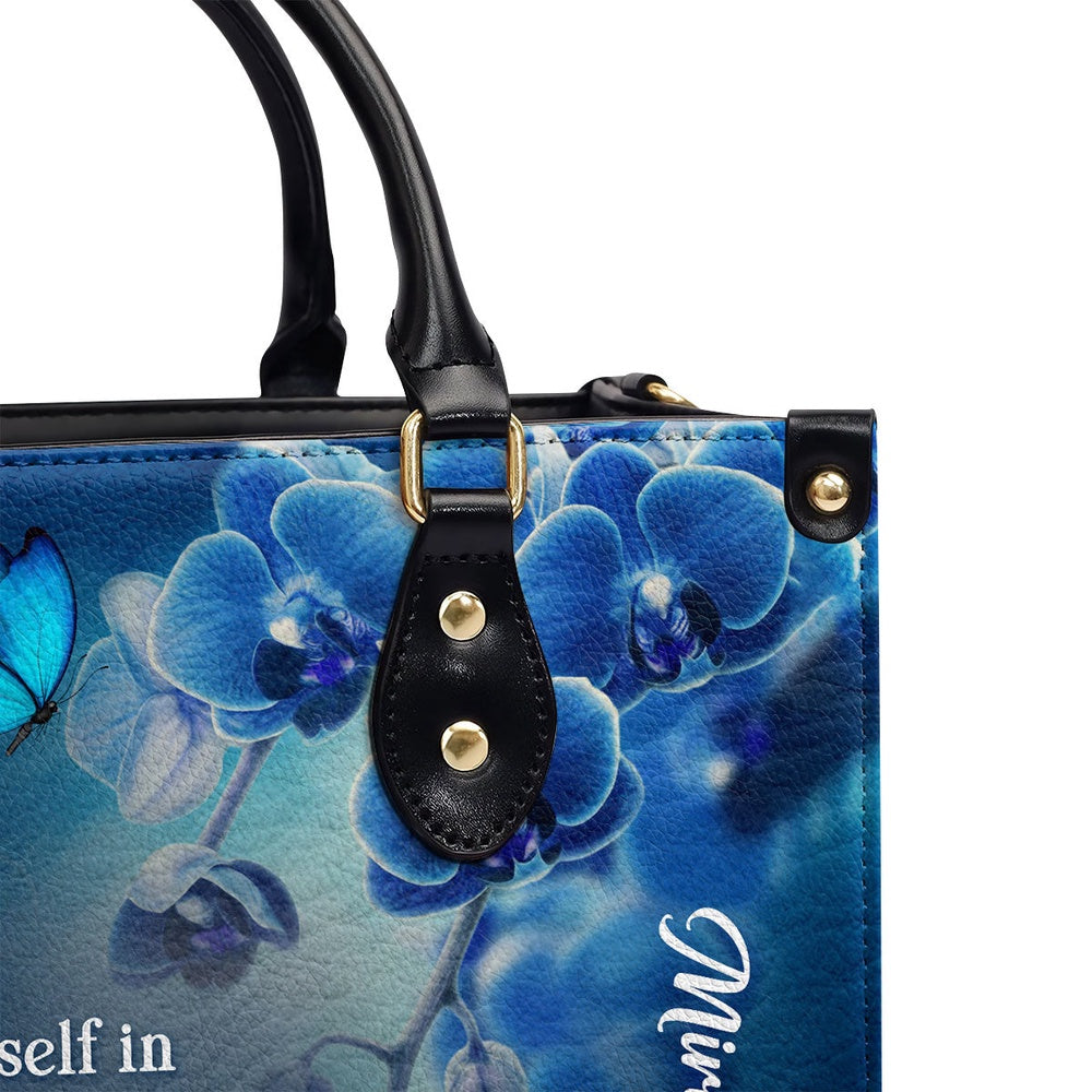 Personalized Christian Leather Bag, Delight Yourself In The Lord Psalm 374 Blue Orchids And Lilac Leather Handbag, Faith Handbag