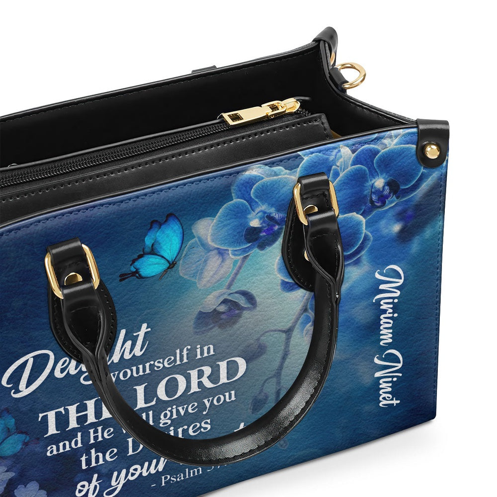 Personalized Christian Leather Bag, Delight Yourself In The Lord Psalm 374 Blue Orchids And Lilac Leather Handbag, Faith Handbag