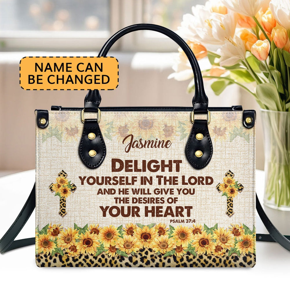 Personalized Christian Leather Bag, Delight Yourself In The Lord Psalm 374 Sunflower And Cross Leather Handbag, Faith Handbag