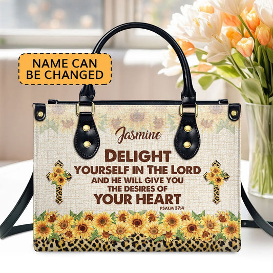 Personalized Christian Leather Bag, Delight Yourself In The Lord Psalm 374 Sunflower And Cross Leather Handbag, Faith Handbag